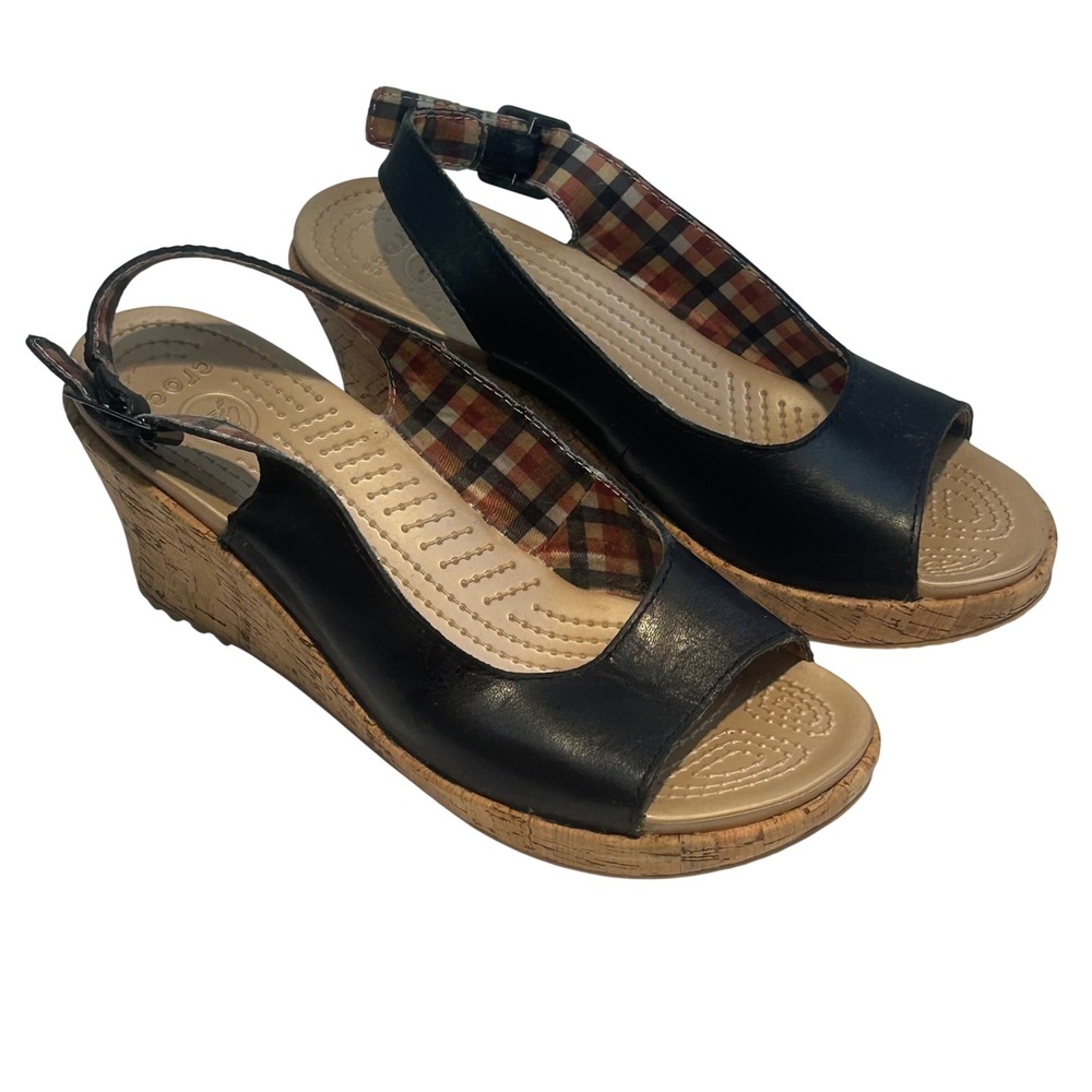 Crocs A-Leigh Wedge Leather Sandals Womens 8 Cocoa Brown Peep Toe Slingback Cork